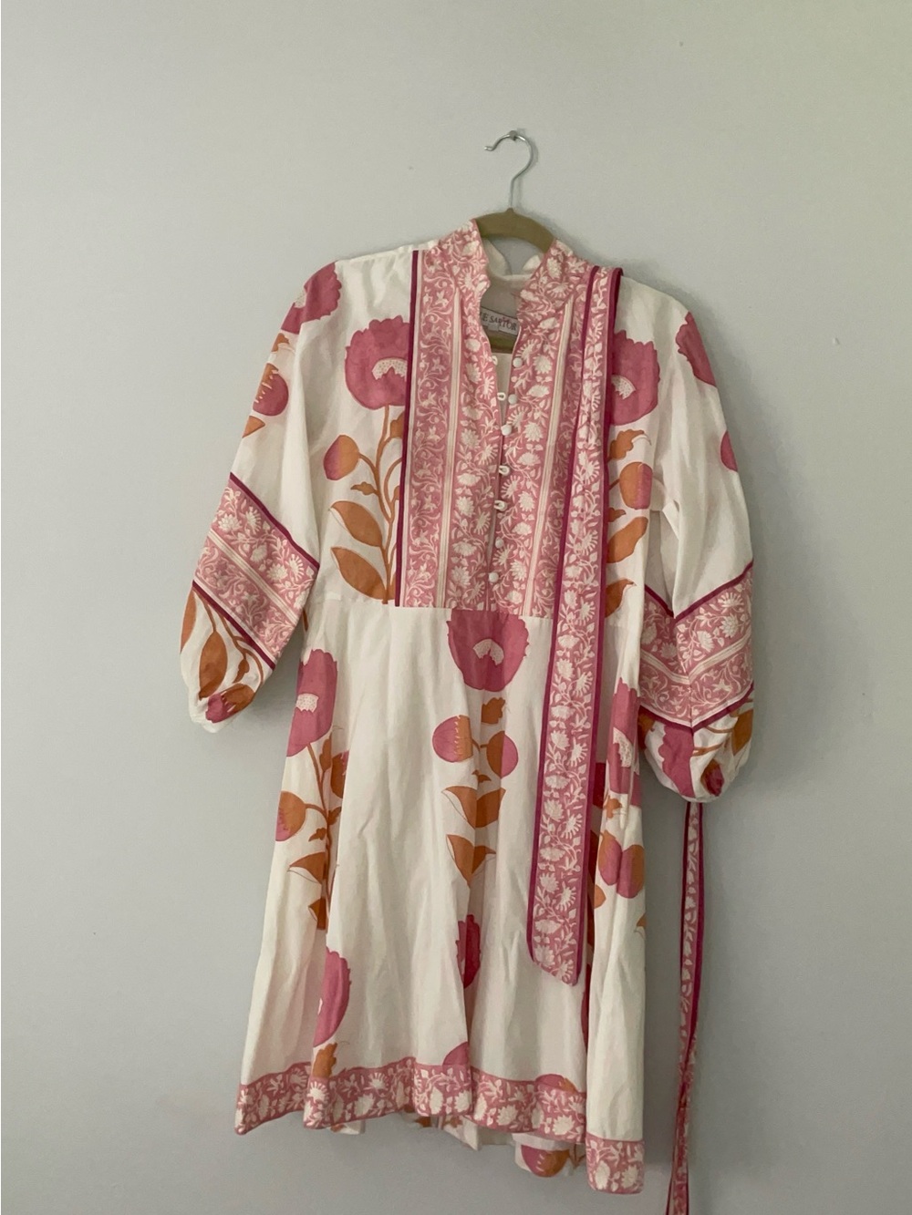 Anthropologie White Tunic Dress with Pink Floral and Tan Accents - Picture 3 of 9